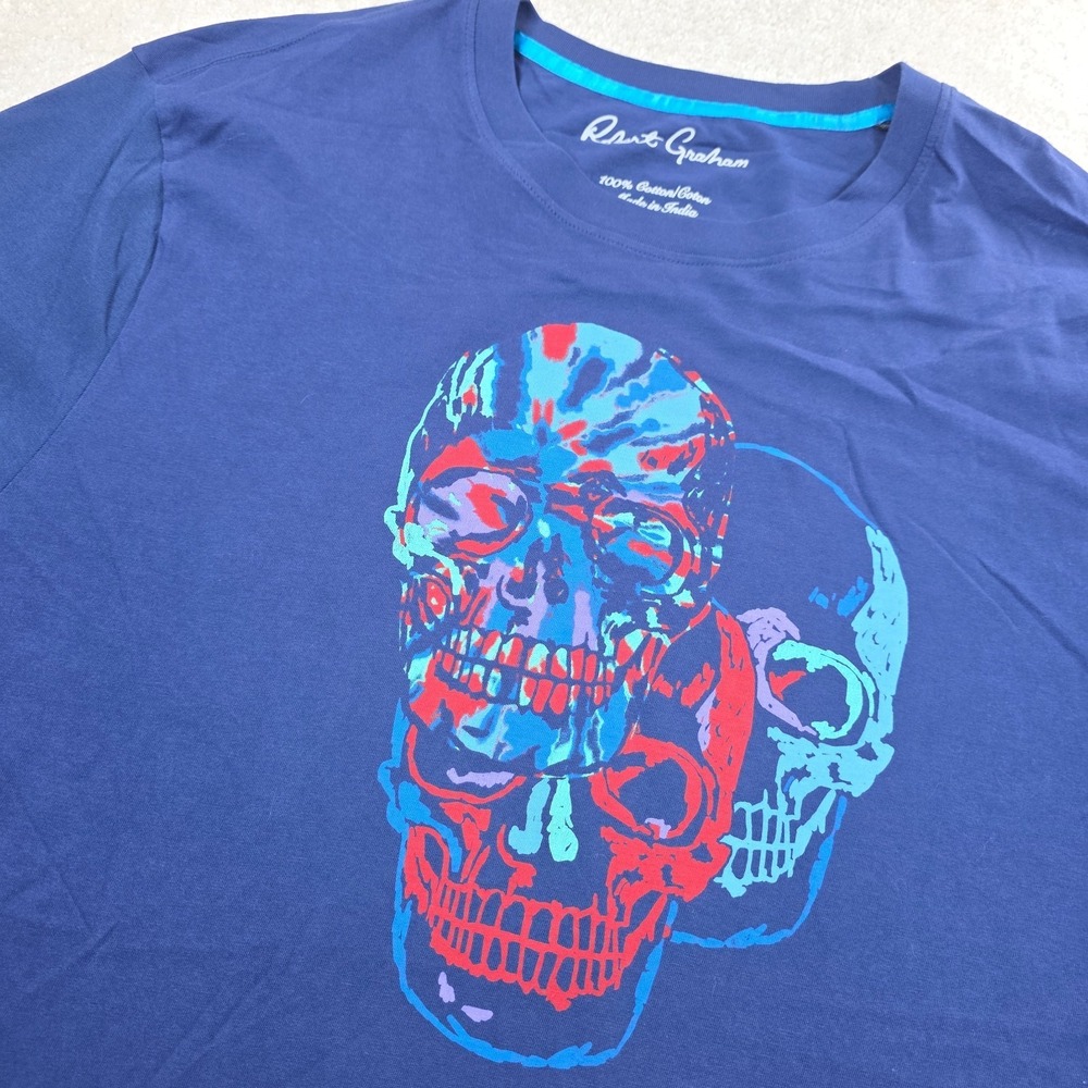 Robert Graham T-Shirt Mens XLT Blue Skull Print Cotton Crew Neck Short Sleeve